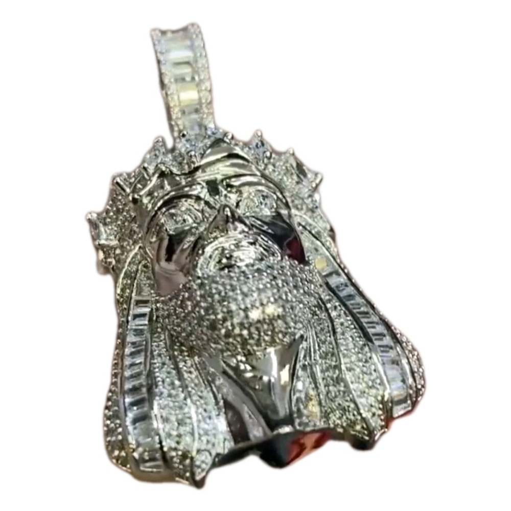 Jesus Pendant/ White Gold Plated .925 Sterling Silver w Mossinite Clear  Stones - Picture 8 of 12